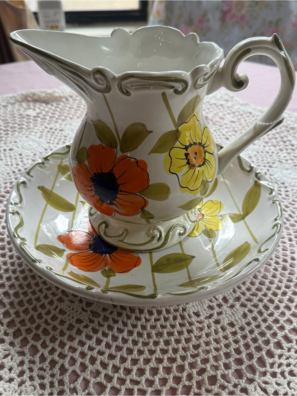 Vintage Lefton Italy Floral Pitcher & Plate Set Hand Painted Cottagecore Farm